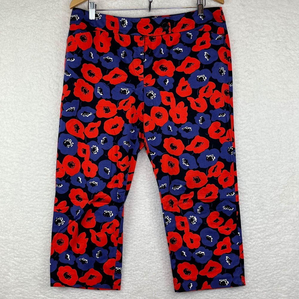 Ann‎ Taylor Signature Floral Poppy Print Cropped Pants Red Purple Navy Size 12